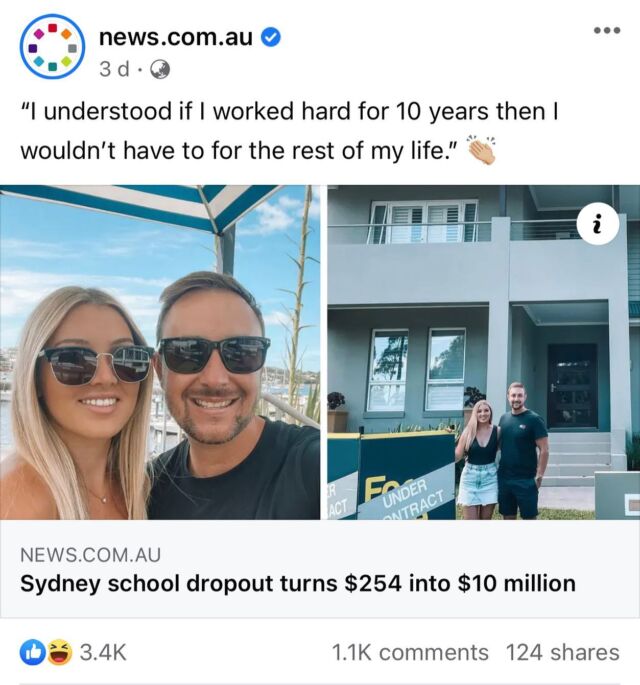 "A Sydney high school dropout who was making just $254 a week at his first full-time job has turned the tables and now has a property portfolio worth of $10 million

Daniel Walsh, now 31, left school when he was 15 and was paid a pitiful wage through the award rate while working as an apprentice electrician.

He toiled away for four years, managing to save half his earnings while also paying $50 in weekly rent to his parents. Finally, when he was 19, he bought his first property.

Since then, he and his 27-year-old wife Sophie have leapfrogged their way up the real estate ladder and now own 13 properties between them spanning across four states to the tune of $10 million”

If you lead with passion & commitment, anything is possible 👍🏻

@newscomauhq 📝

#propertyinvestor #investor #realestate #property #wealth #financialfreedom #determination #ypyw
